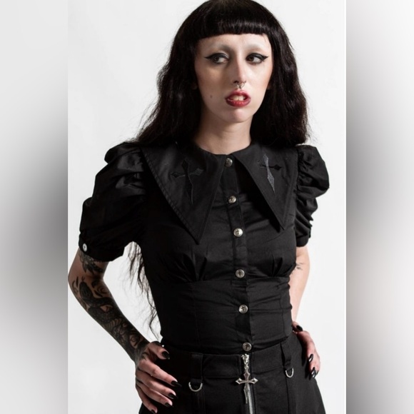 Killstar Tops - Killstar Kikimora Shirt black embroidered crosses puffy sleeve Size Small